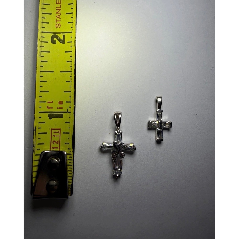 925 Sterling Silver Cross Pendant Set Baguette Clear Stones Dove Peace Charm